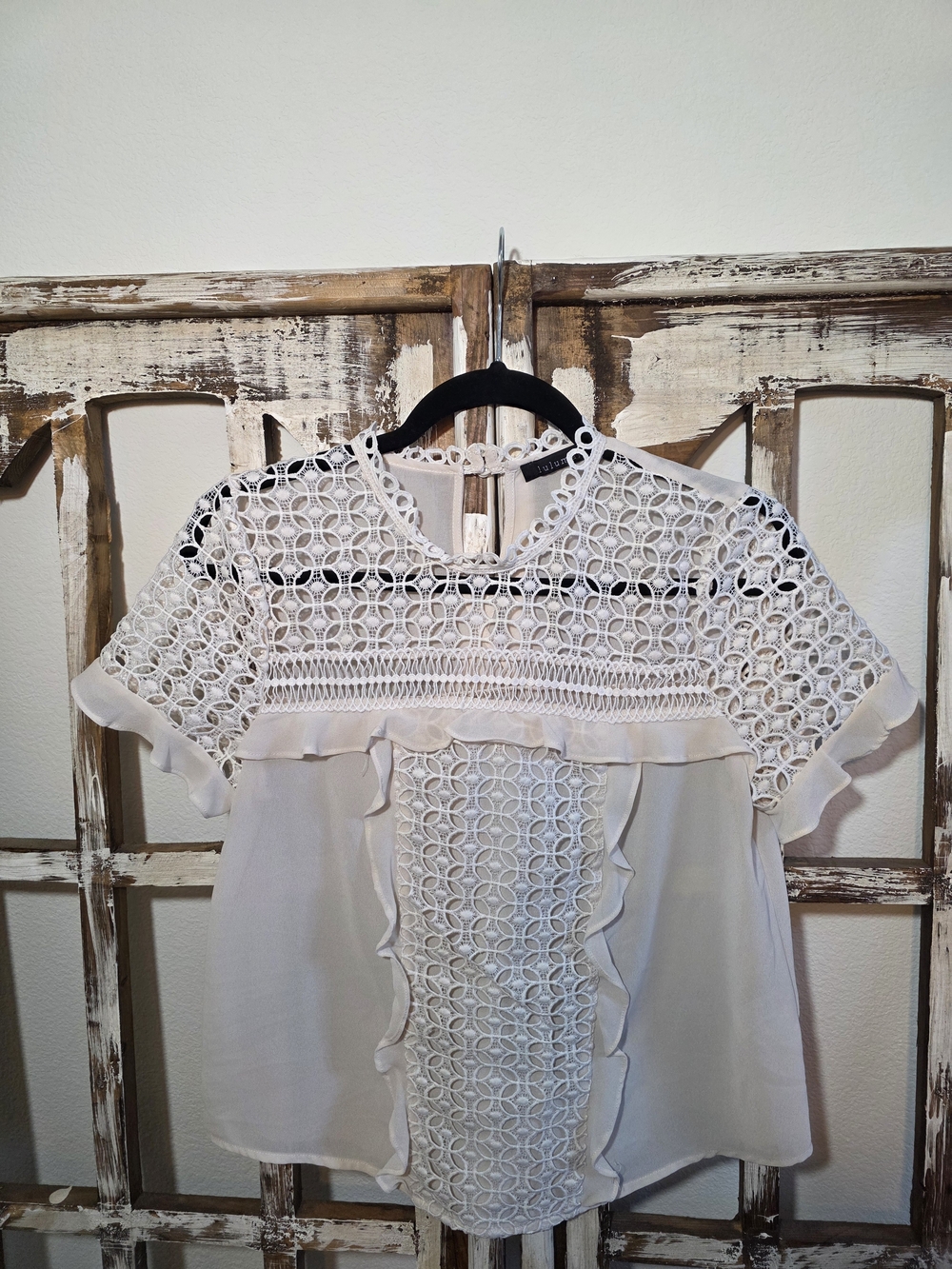 Lulumari White Crochet Yoke Ruffled Short Sleeve Top